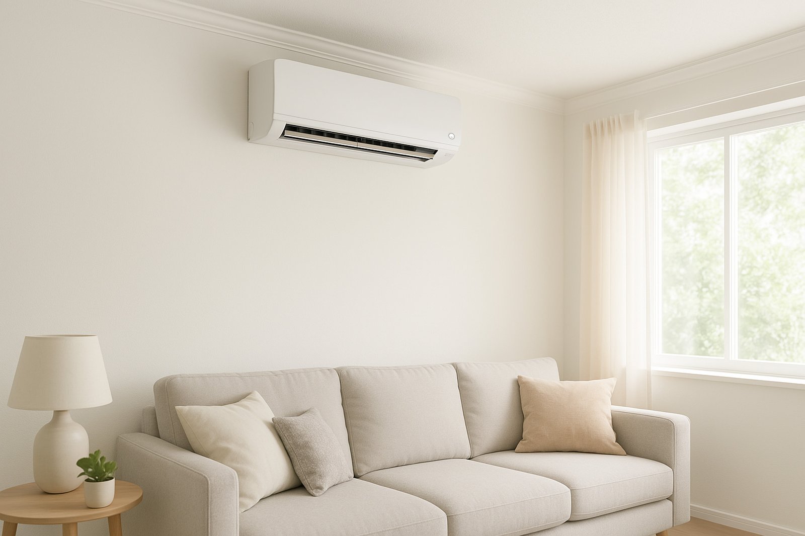 Një dhomë ndenjeje moderne me një divan bezhë, një tavolinë ndihmëse me llambë dhe bimë dekorative, e ndriçuar nga dritë natyrale përmes perdeve të tejdukshme. Njësia e kondicionerit e montuar në mur është e dukshme sipër divanit.