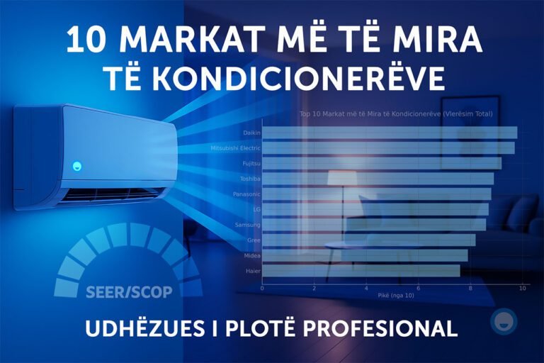 Grafik informues me kondicioner dhe tabelë krahasuese të 10 markave më të mira sipas SEER/SCOP – Daikin, Mitsubishi, LG, Samsung, Panasonic etj.
