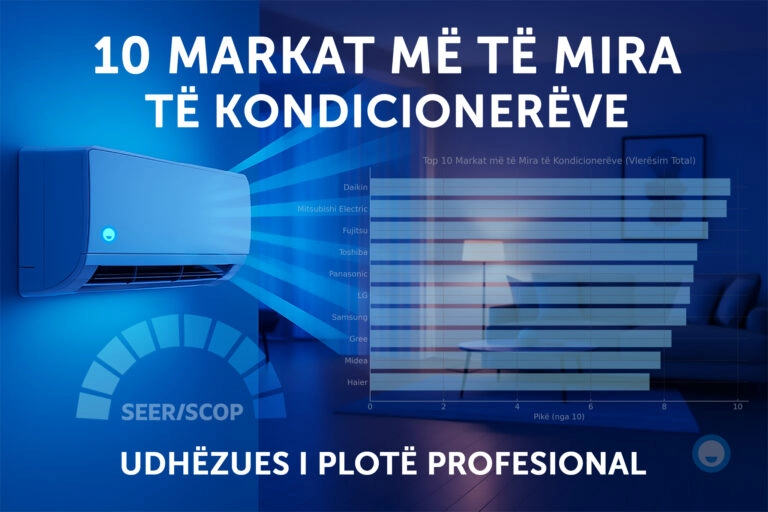 Grafik informues me kondicioner dhe tabelë krahasuese të 10 markave më të mira sipas SEER/SCOP – Daikin, Mitsubishi, LG, Samsung, Panasonic etj.