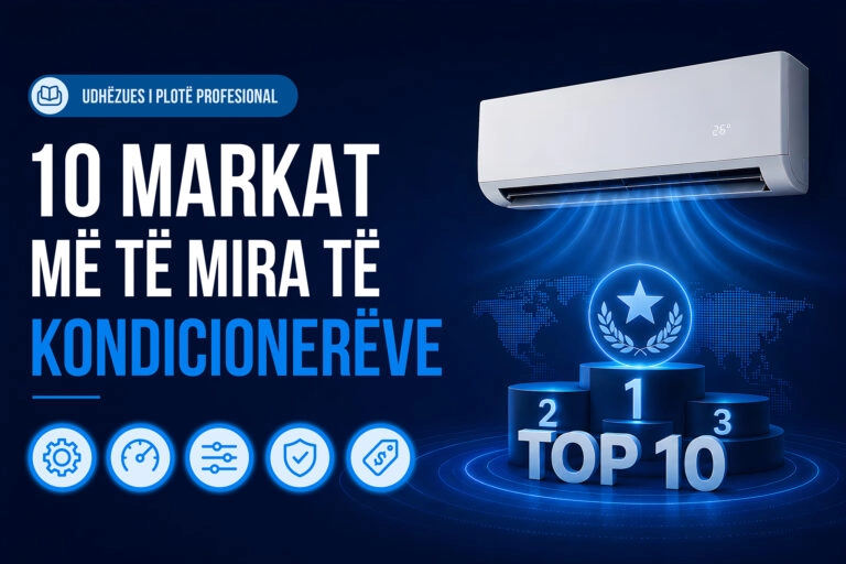 Imazh kryesor për artikullin "10 Markat Më Të Mira Të Kondicionerëve", me sfond blu ultra-modern, një njësi mural kondicioneri me valë ftohëse me ndriçim neon, podium për radhitjen e top 10 markave dhe ikona vektoriale teknike.