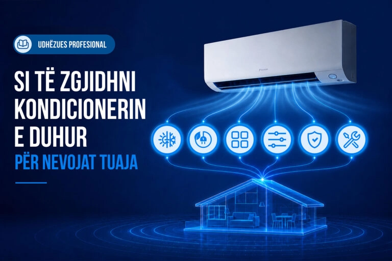 Ilustrim për udhëzuesin "Si të Zgjidhni Kondicionerin e Duhur", që paraqet një kondicioner tip split dhe kriteret kryesore të vlerësimit: kapaciteti (BTU), efikasiteti energjetik, llojet, karakteristikat, marka, garancia, montimi dhe mirëmbajtja.